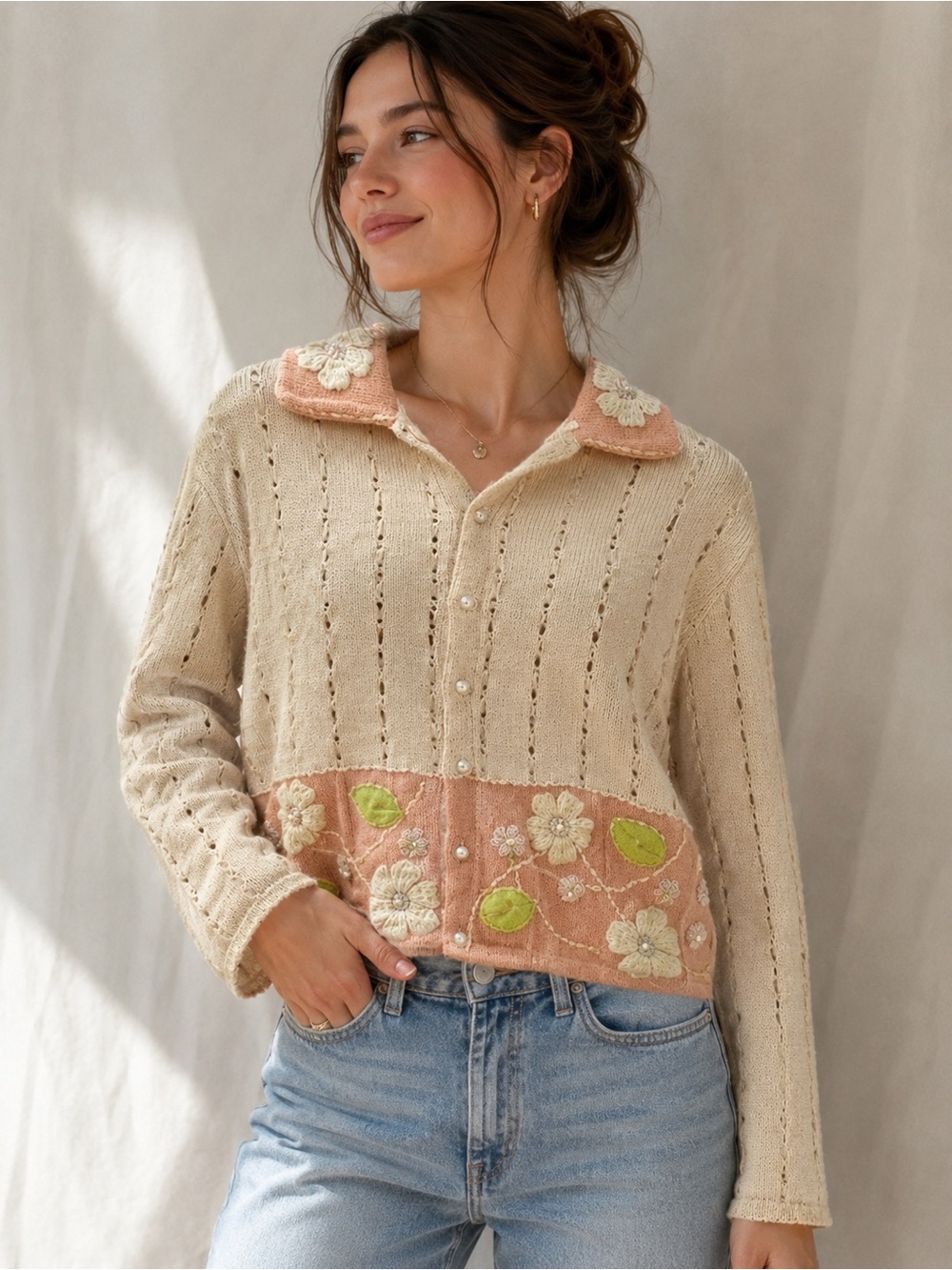 Storybook Knits Cream & Peach Floral Knit Button-Up Cardigan